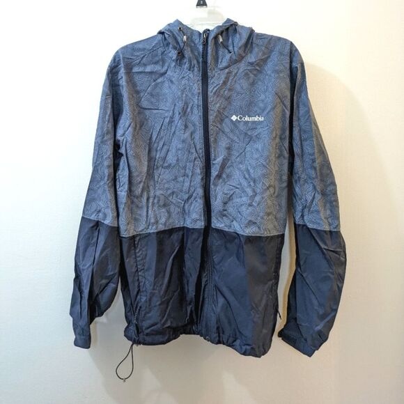 COLUMBIA Men’s Roan Mountain Rain Jacket Mountain Topo Print/Navy, Mens Medium - Picture 1 of 10